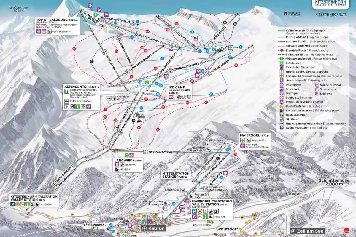 Piste map of the Zell am See-Kaprun ski resort in Austria. Map from Skimap.org