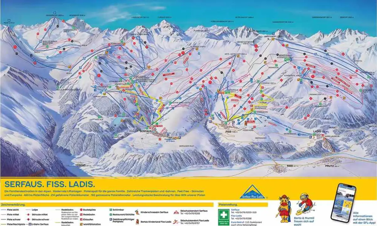 Piste map of the Serfaus-Fiss-Ladis ski area in Austria. Map from Skimap.org 