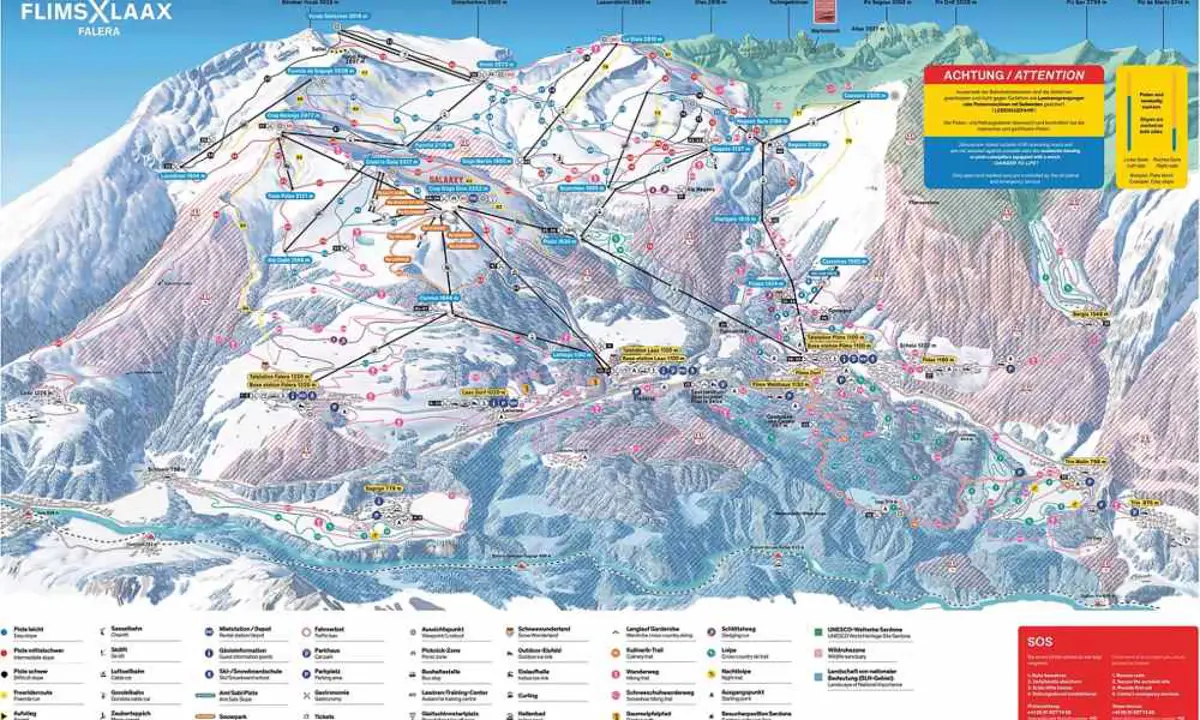 Piste map of the Flims Laax Falera ski resorts in Switzerland. Map from Skimap.org